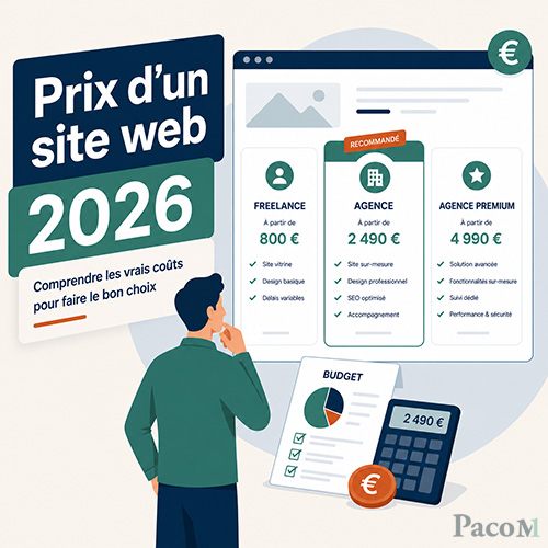 Illustration des différents budgets de création de site internet professionnel en 2026 selon le type de projet web